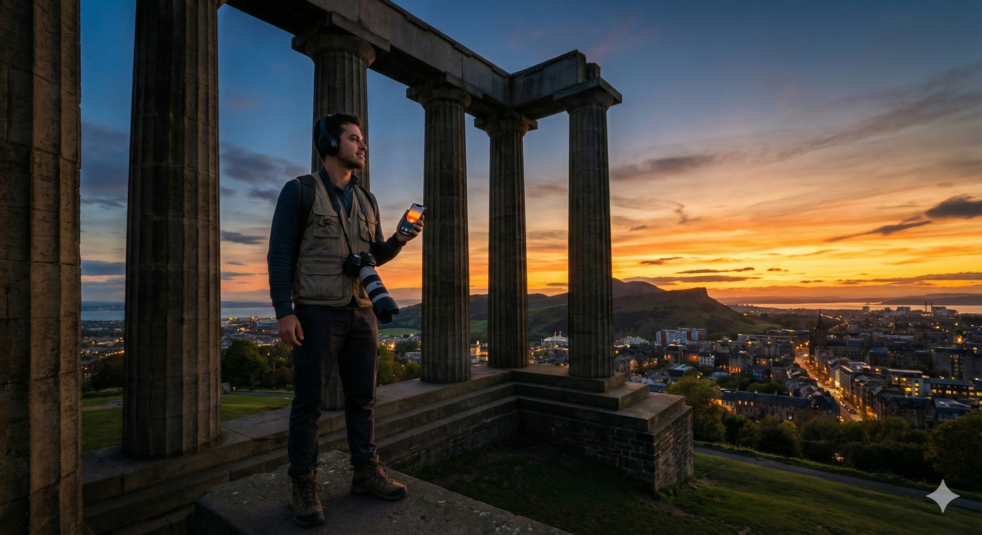 Self-guided audio tour of Edinburgh's Calton Hill monument at sunset, featuring scenic views and historical landmarks by Uvamai Niche Tourism.