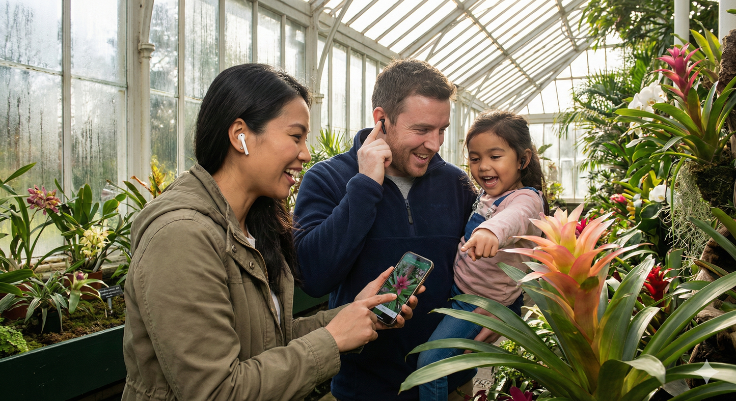 Audio tour guide for Dublin's National Botanic Gardens by Uvamai Niche Tourism, featuring lush plant displays and garden paths.