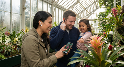 Audio tour guide for Dublin's National Botanic Gardens by Uvamai Niche Tourism, featuring lush plant displays and garden paths.