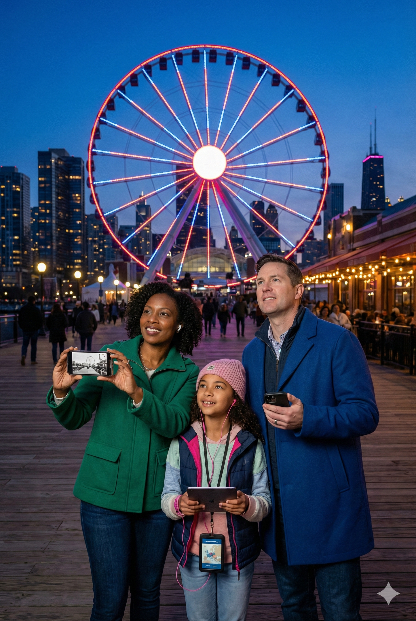 Self-guided audio tour map for Chicago by Uvamai Niche Tourism, featuring Navy Pier landmarks and navigation details.