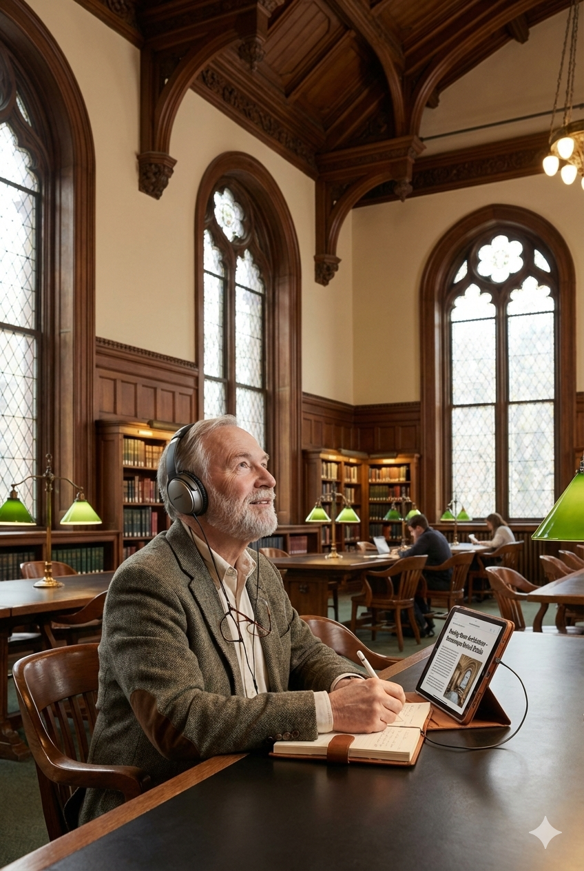 Self-guided audio tour of Newberry Library in Chicago by Uvamai Niche Tourism, featuring library interior and historic architecture.