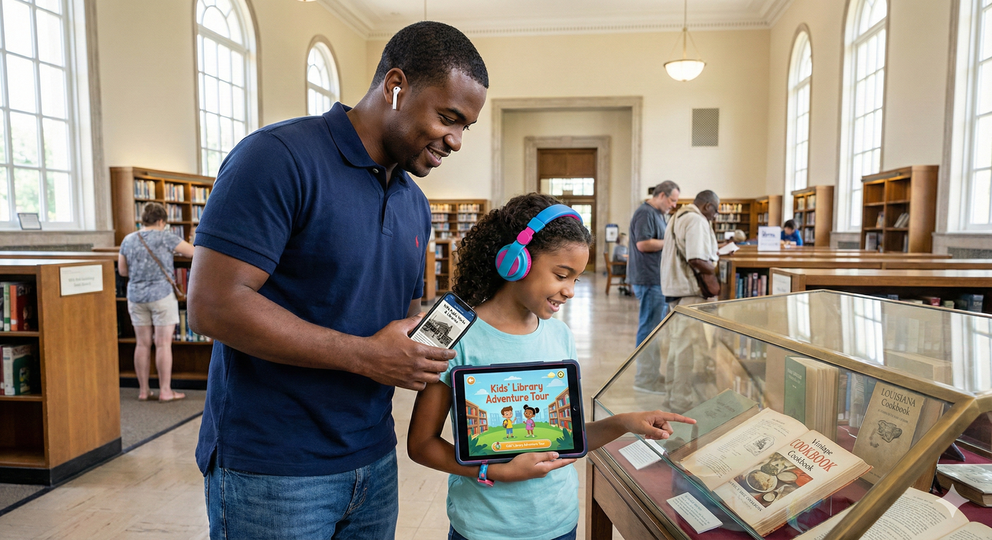 Audio tour guide for New Orleans Public Library main building by Uvamai Niche Tourism, showcasing the library's historic exterior.