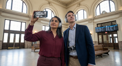 Self-guided audio tour of New Orleans Union Station by Uvamai Niche Tourism, featuring historic architecture and station interior.