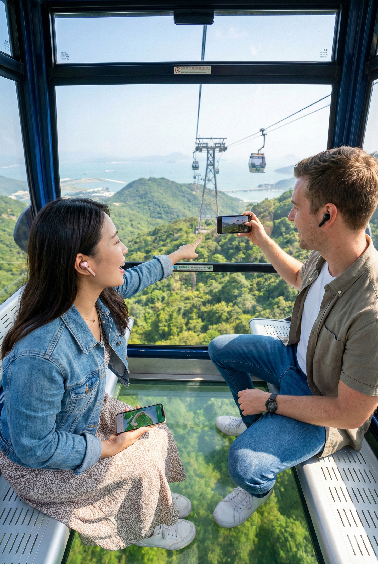 Audio tour device for Hong Kong's Ngong Ping, featuring Uvamai Niche Tourism branding, with headphones and a map display.