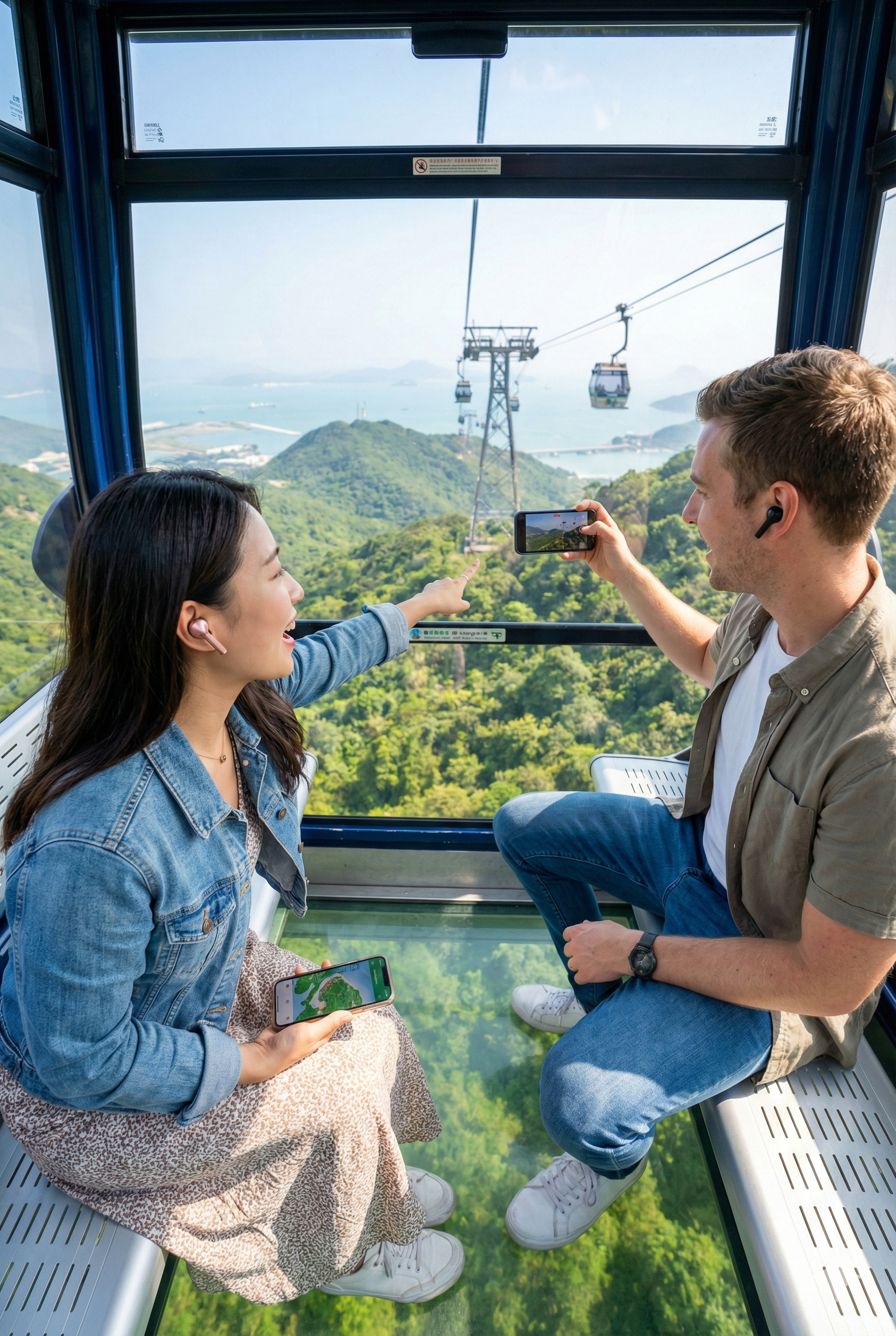 Audio tour device for Hong Kong's Ngong Ping, featuring Uvamai Niche Tourism branding, with headphones and a map display.