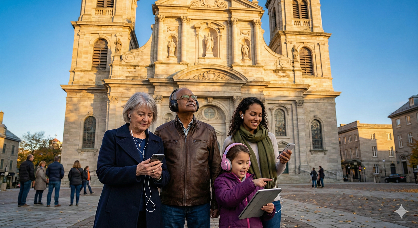 Self-guided audio tour of Notre-Dame-de-Quebec Basilica Cathedral by Uvamai Niche Tourism, featuring the historic cathedral's exterior.