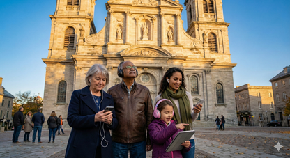 Self-guided audio tour of Notre-Dame-de-Quebec Basilica Cathedral by Uvamai Niche Tourism, featuring the historic cathedral's exterior.
