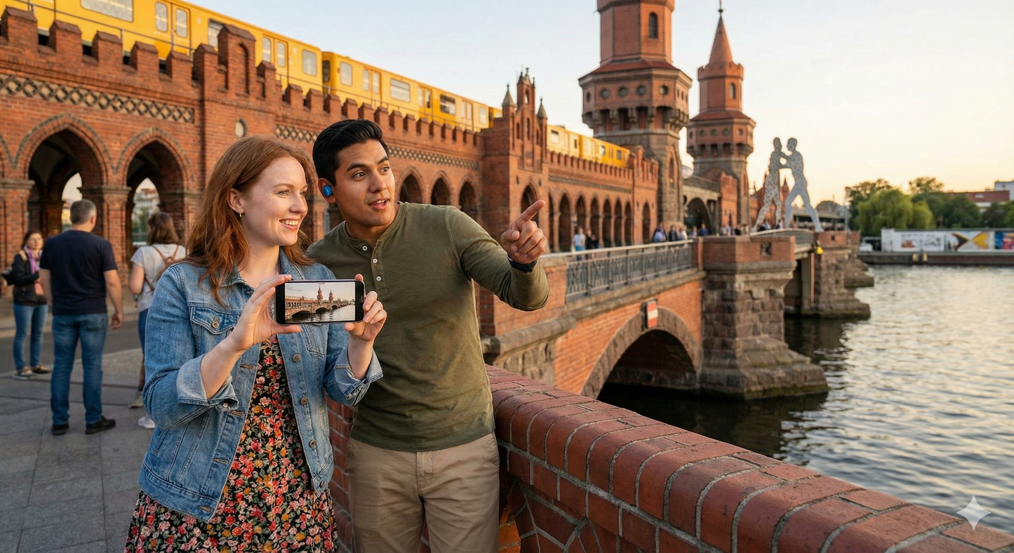 Self-guided audio tour of Berlin by Uvamai Niche Tourism, featuring images of Oberbaum Bridge and Berlin landmarks.