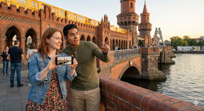 Self-guided audio tour of Berlin by Uvamai Niche Tourism, featuring images of Oberbaum Bridge and Berlin landmarks.