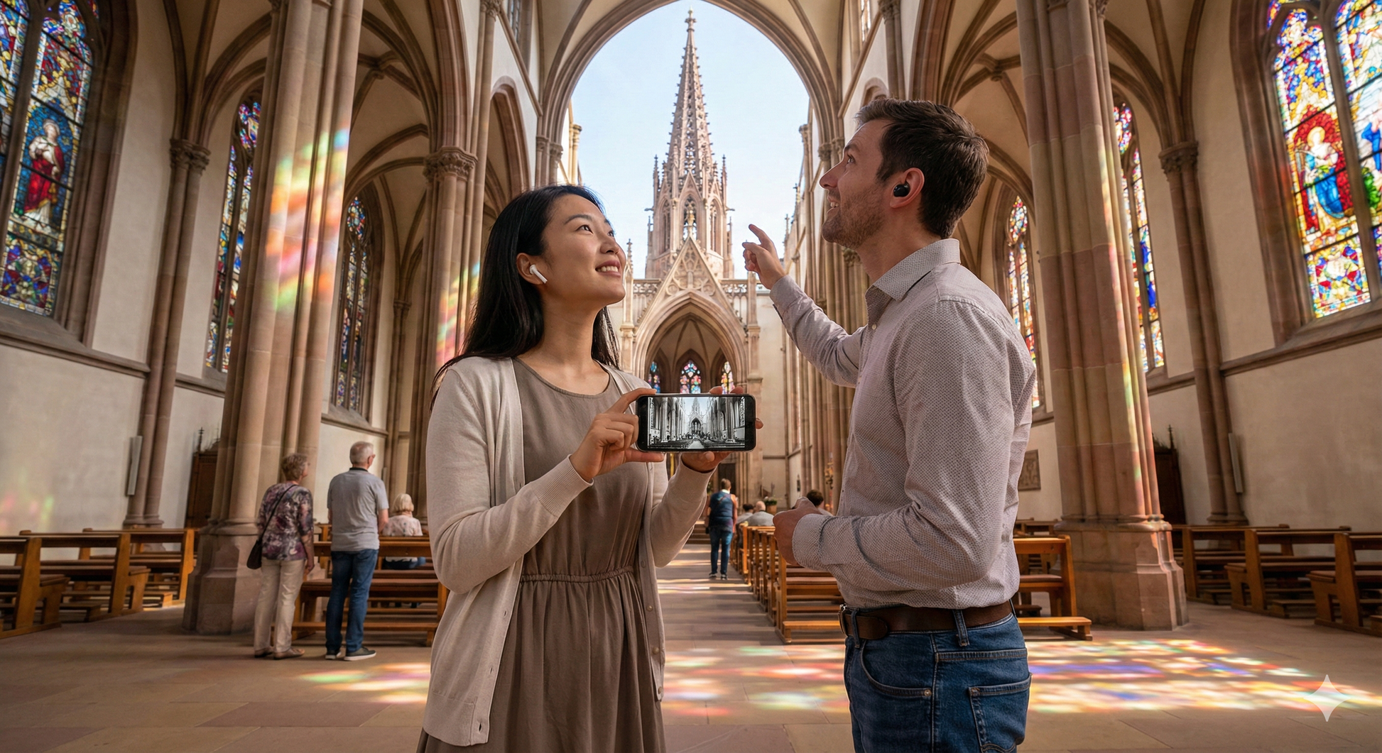 Self-guided audio tour by Uvamai Niche Tourism featuring Offenekirche Elisabethe church with audio guide device in hand.