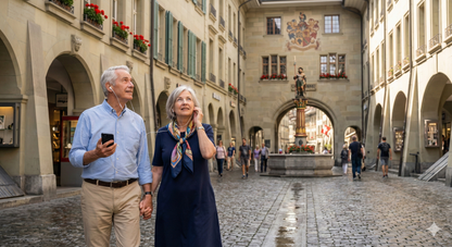 Medieval street scene in Old City for Uvamai Niche Tourism's Bern self-guided audio tour, featuring historic architecture and cobblestone streets.