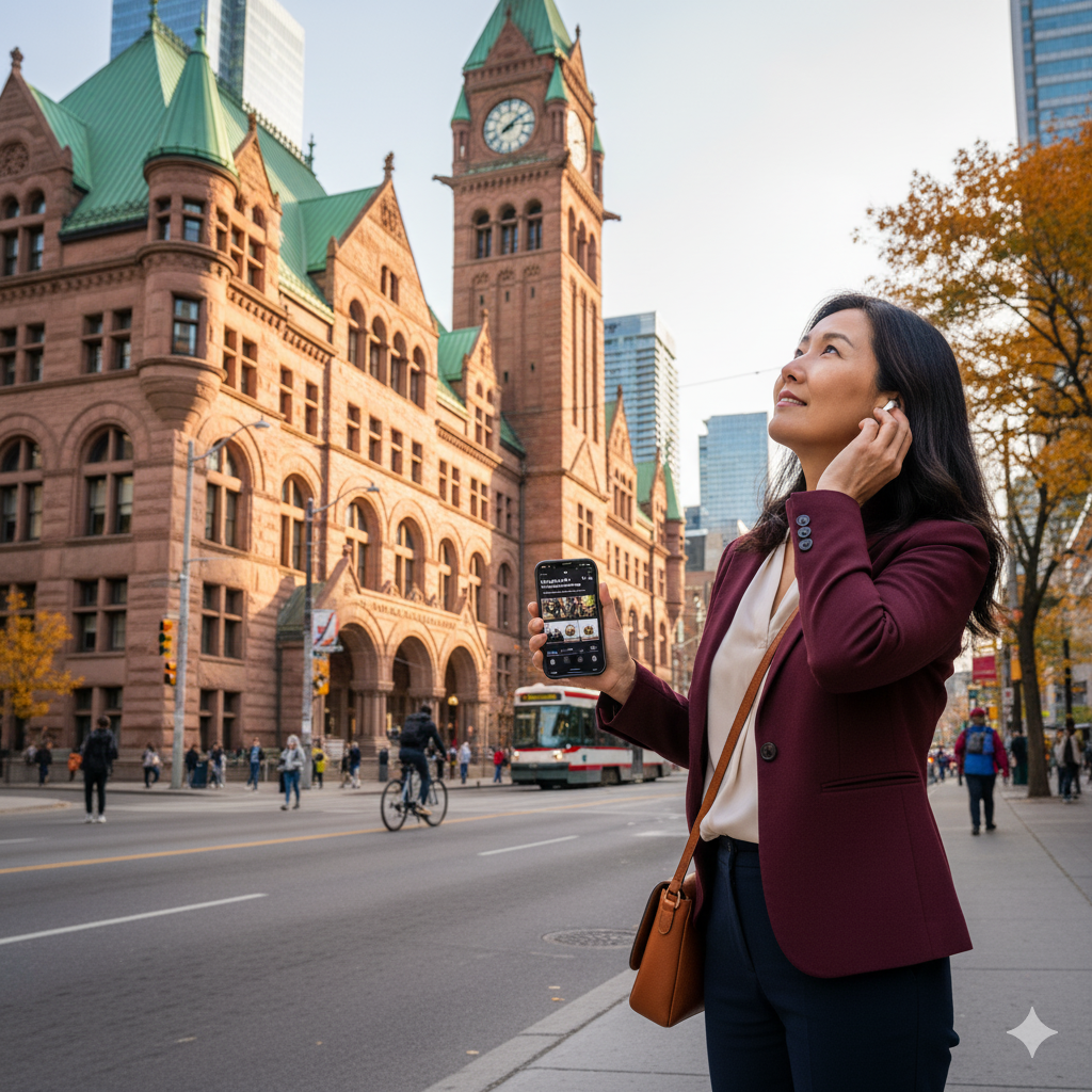 Audio guide device for Toronto self-guided tour at Old City Hall, featuring Uvamai Niche Tourism branding.