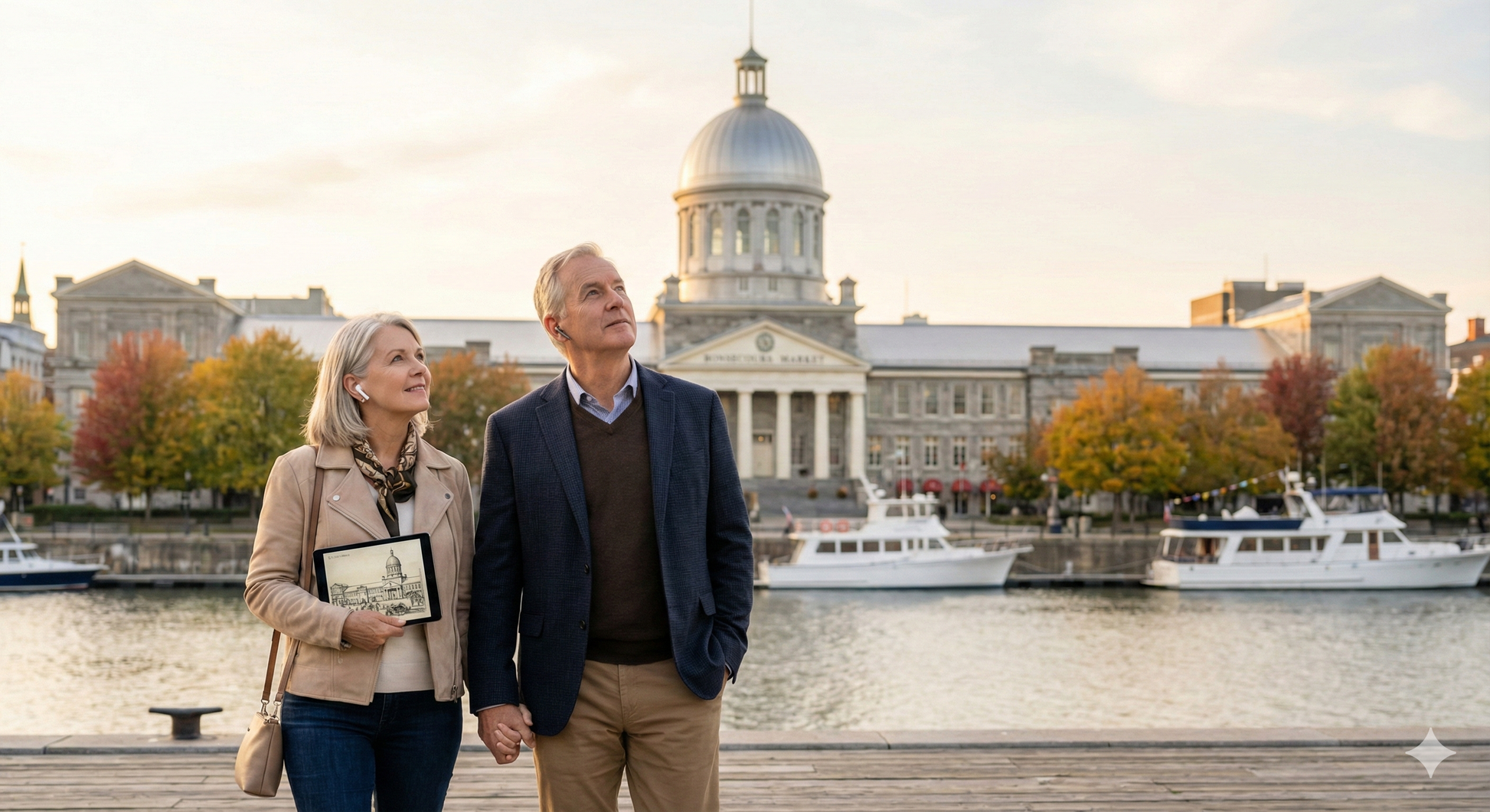 Self-guided audio tour of Old Montreal and Bonsecours Market by Uvamai Niche Tourism, featuring historic landmarks and market scenes.