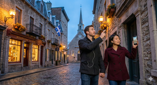 Self-guided audio tour of Old Quebec City with cobblestone streets, featuring historic architecture and scenic views.