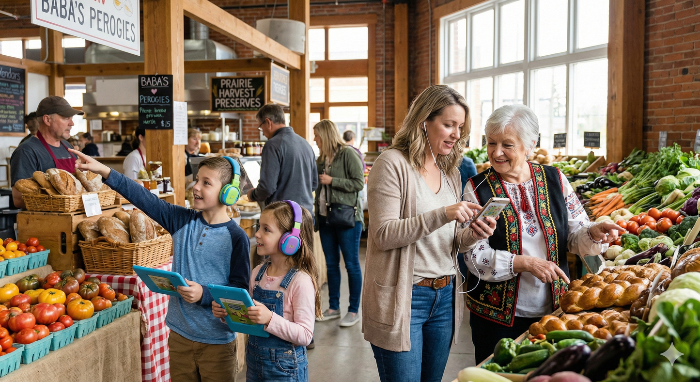 Audio tour device for Edmonton's Old Strathcona Farmers Market by Uvamai Niche Tourism, showcasing market stalls and local scenery.