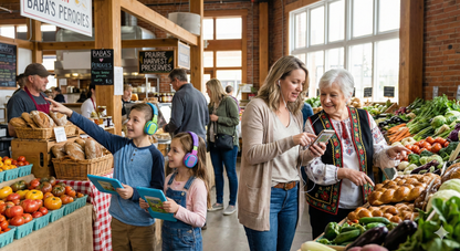 Audio tour device for Edmonton's Old Strathcona Farmers Market by Uvamai Niche Tourism, showcasing market stalls and local scenery.