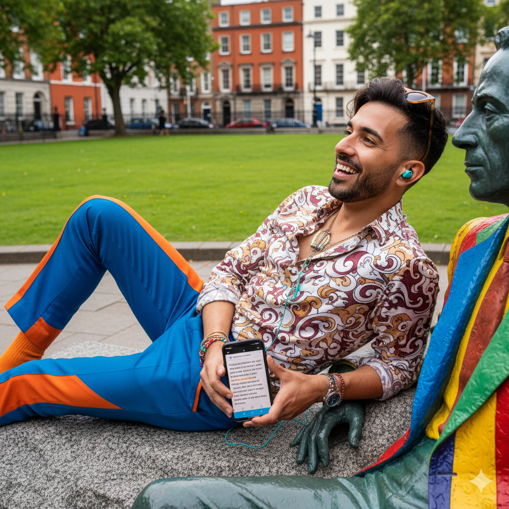Audio tour image featuring the Oscar Wilde Monument in Dublin, part of the Uvamai Niche Tourism self-guided audio tour.