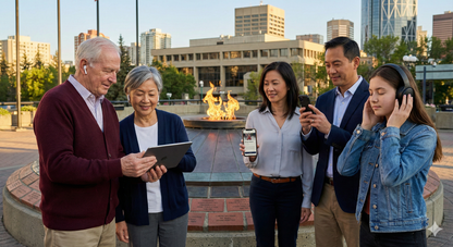 Audio guide image for Calgary self-guided tour by Uvamai Niche Tourism at Olympic Plaza, featuring outdoor scenery and tour branding.