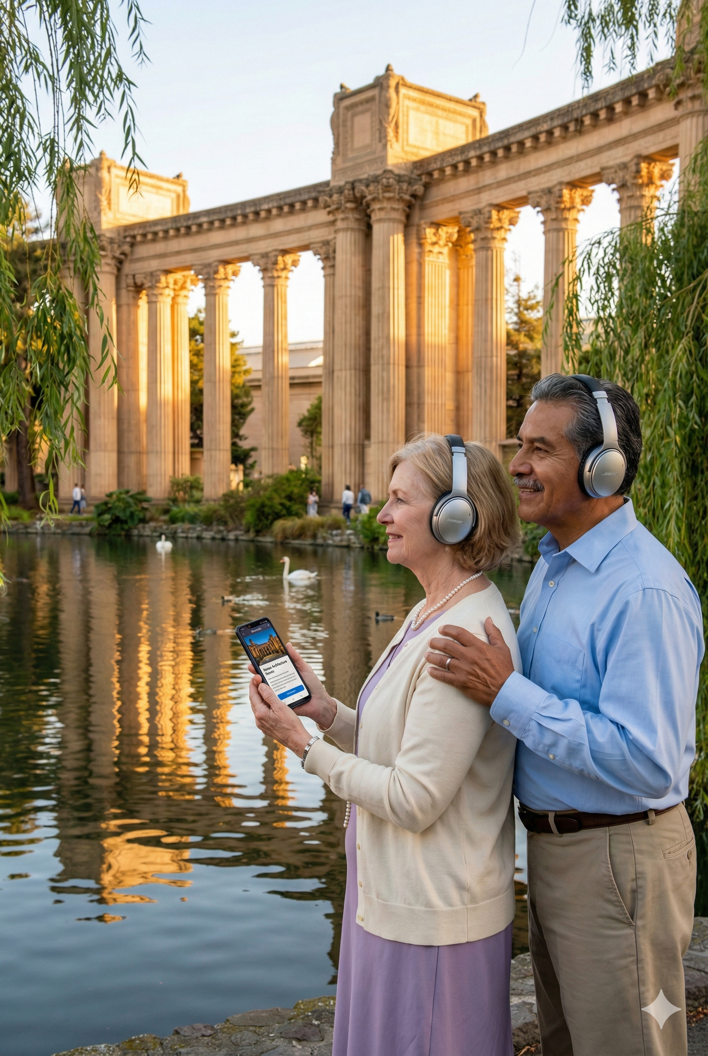 Self-guided audio tour of San Francisco landmarks featuring Palace of Fine Arts, with Uvamai Niche Tourism branding.