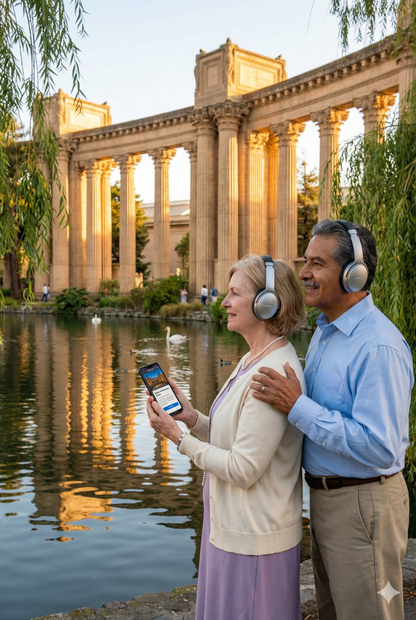 Self-guided audio tour of San Francisco landmarks featuring Palace of Fine Arts, with Uvamai Niche Tourism branding.