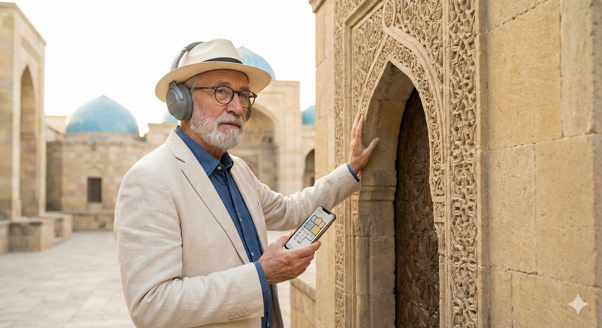 Audio tour guide for Palace of the Shirvanshahs by Uvamai Niche Tourism, showing an image of the historic palace exterior.