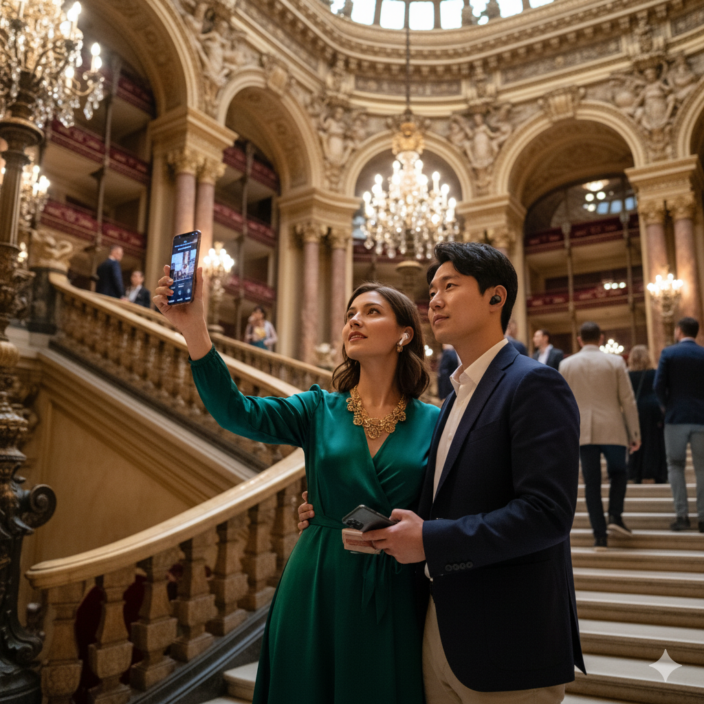 Self-guided audio tour of Palais Garnier in Paris by Uvamai Niche Tourism, featuring interior and exterior views of the historic opera house.