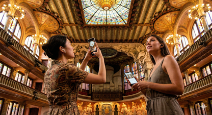 Self-guided audio tour device for Barcelona by Uvamai Niche Tourism, featuring Palau de la Música Catalana design.