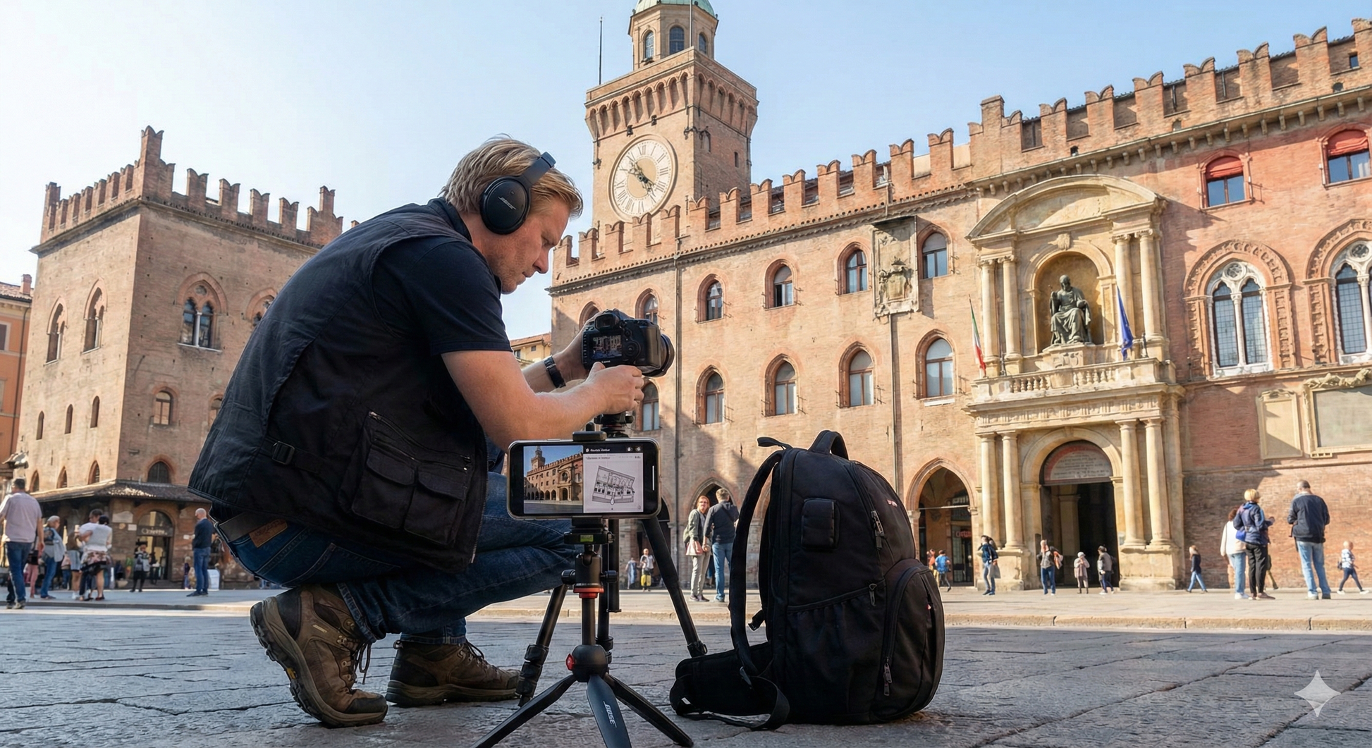 Self-guided audio tour of Palazzo Comunale in Bologna, featuring historic architecture and detailed interior views.