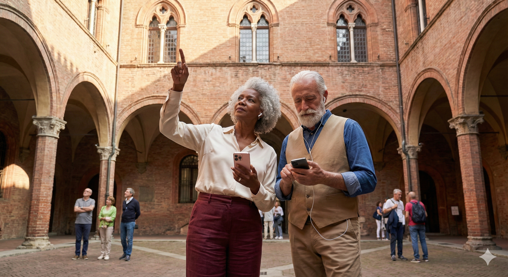 Self-guided audio tour for Bologna by Uvamai Niche Tourism, featuring historic landmarks and cityscapes on a mobile device screen.