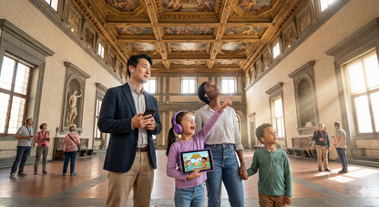 Audio guide device for Florence self-guided tour by Uvamai Niche Tourism, featuring images of Palazzo Vecchio exterior.