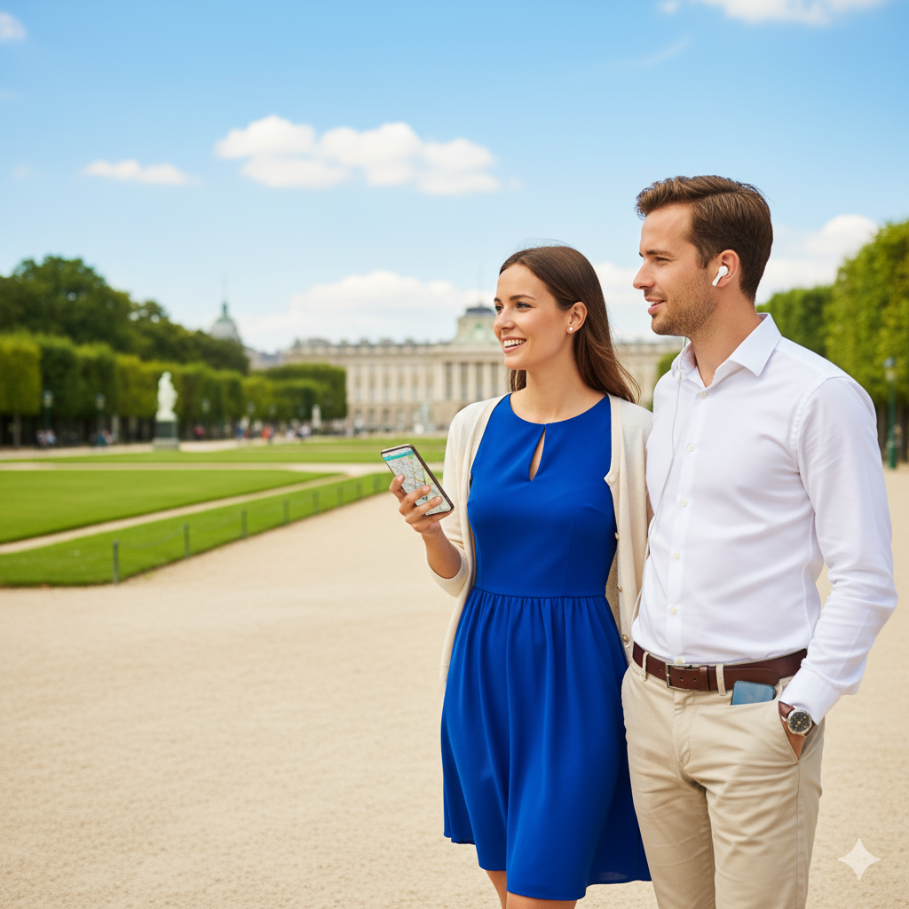Self-guided audio tour of Parc de Bruxelles featuring Uvamai Niche Tourism branding on a smartphone screen.