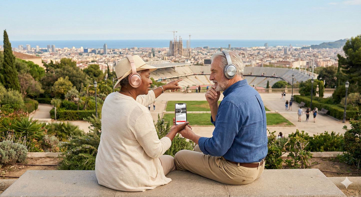 Self-guided audio tour device at Parc de Montjuïc in Barcelona, part of Uvamai Niche Tourism's self-guided tour collection.