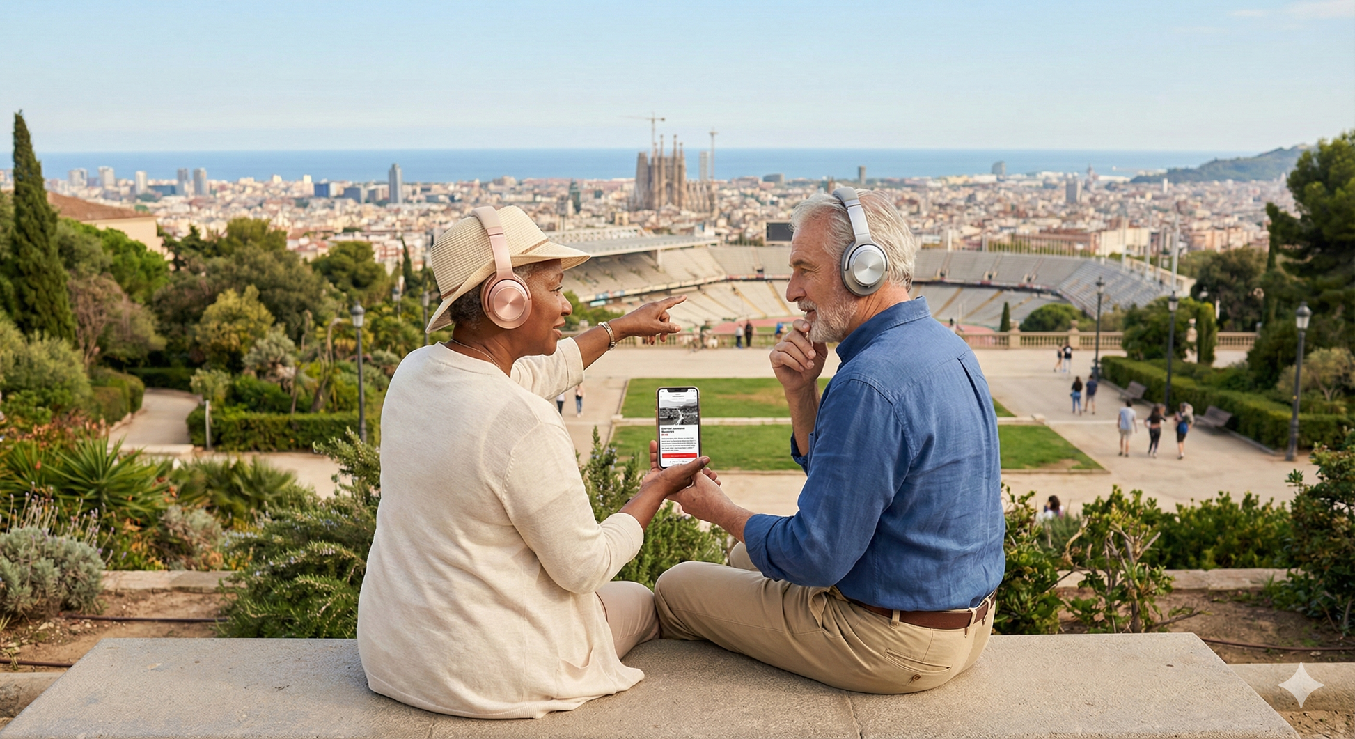 Self-guided audio tour device at Parc de Montjuïc in Barcelona, part of Uvamai Niche Tourism's self-guided tour collection.