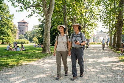 Uvamai Niche Tourism Milan self-guided audio tour at Parco Sempione, featuring scenic park views and iconic landmarks.