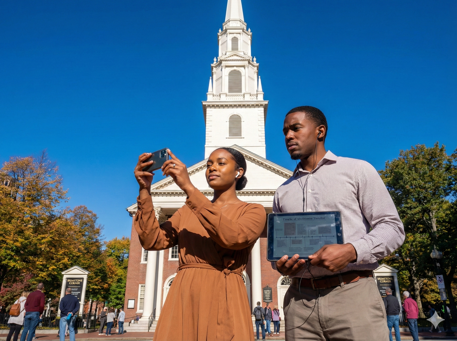 Self-guided audio tour of Boston with Uvamai Niche Tourism, featuring images of historic Park Street Church in Boston.