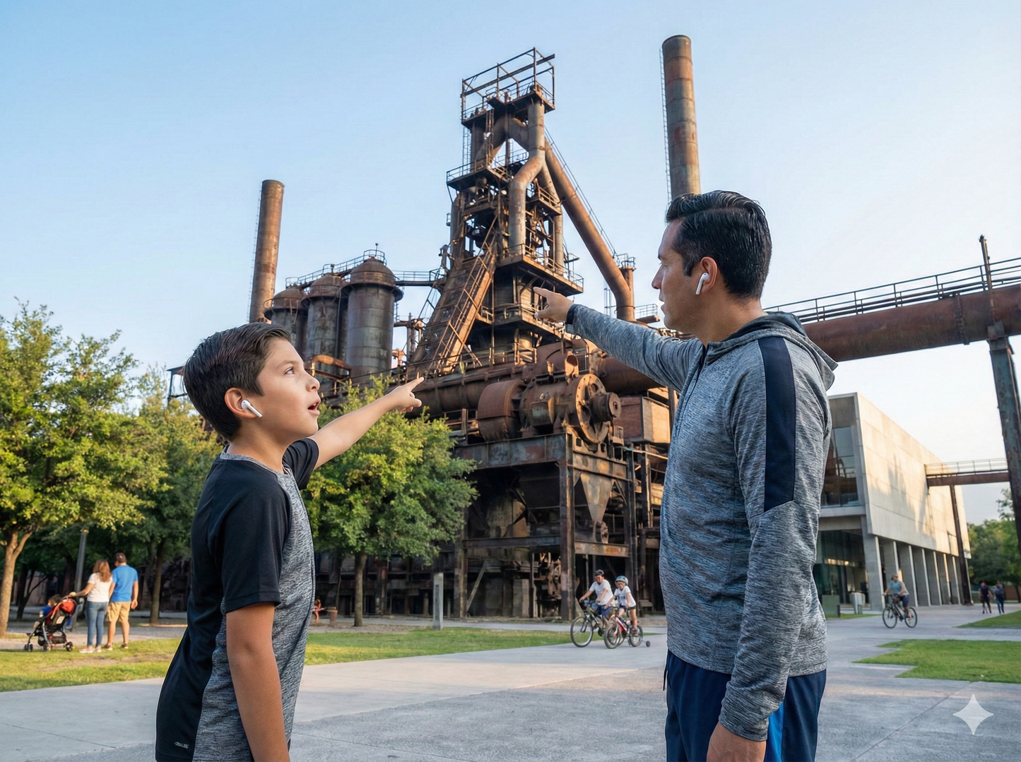 Self-guided audio tour image featuring Parque Fundidora industrial heritage site, showcasing historic landmarks and scenic views.