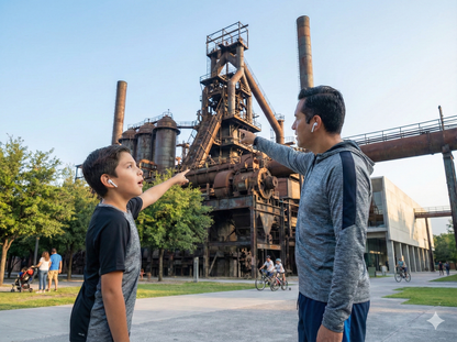 Self-guided audio tour image featuring Parque Fundidora industrial heritage site, showcasing historic landmarks and scenic views.