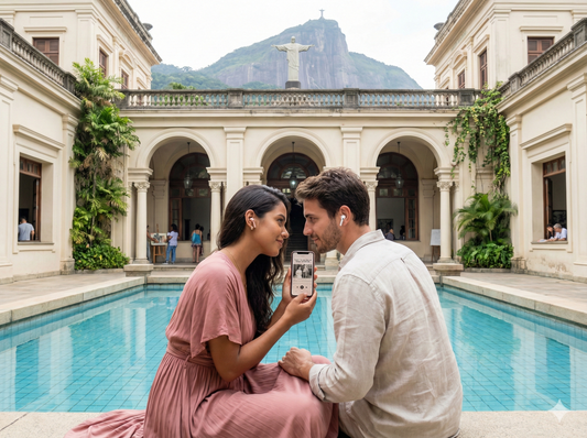 Self-guided audio tour app for Rio de Janeiro by Uvamai Niche Tourism, featuring city landmarks and scenic views.