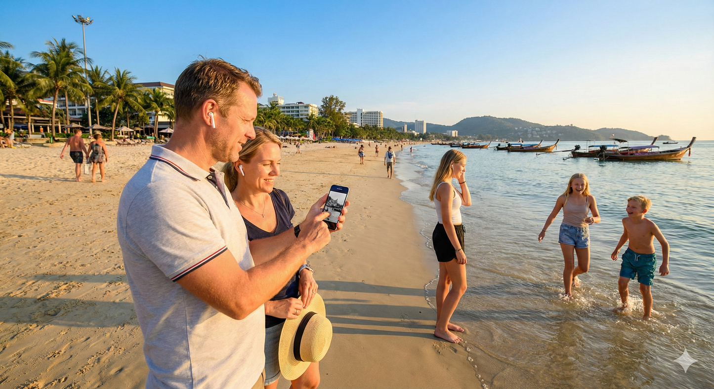 Audio guide device for Phuket Patong Beach self-guided tour by Uvamai Niche Tourism, showing headphones and tour interface.
