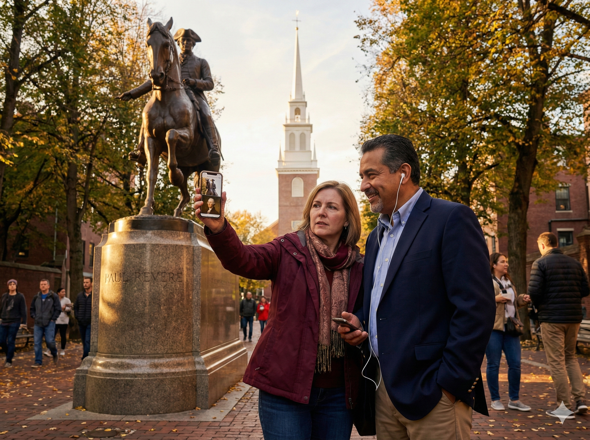 Self-guided audio tour of Boston featuring the Paul Revere statue, by Uvamai Niche Tourism, with a photo of the historic monument.