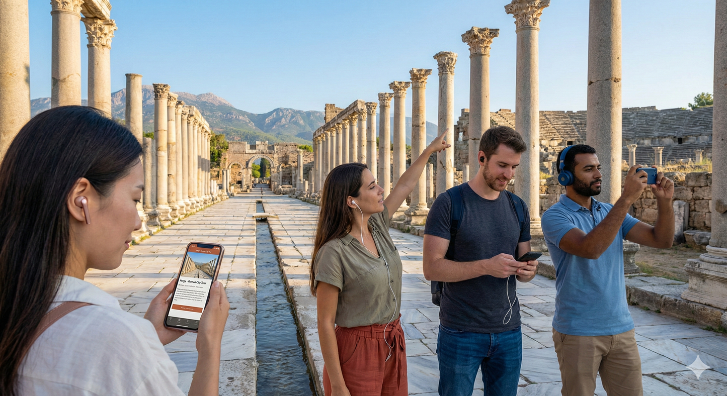 Antalya self-guided audio tour by Uvamai Niche Tourism featuring images of Perge Ancient City archaeological site.