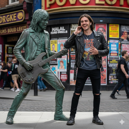 Self-guided audio tour device featuring Philly Nott Statue in Dublin, by Uvamai Niche Tourism.