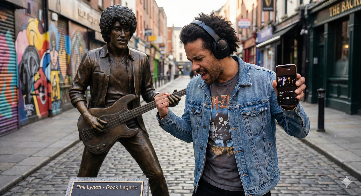Audio guide device for Dublin self-guided tour featuring Lynot statue by Uvamai Niche Tourism