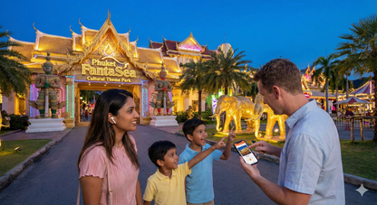 Self-guided audio tour of Phuket cultural and fantasy theme park by Uvamai Niche Tourism, featuring colorful park attractions and scenery.