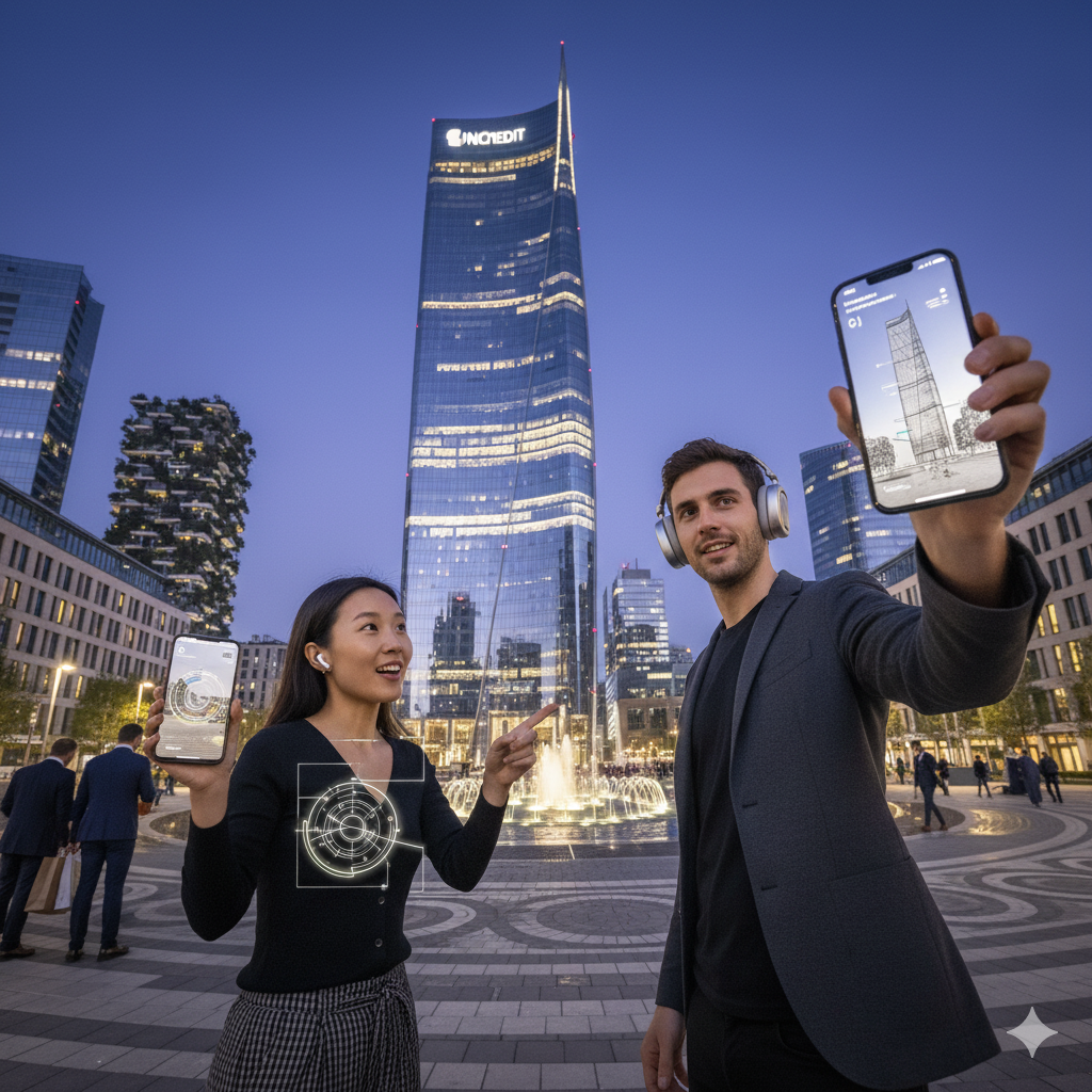 Audio tour device for Milan's Piazzagaeaulenti, by Uvamai Niche Tourism, featuring a portable self-guided audio guide in the image.