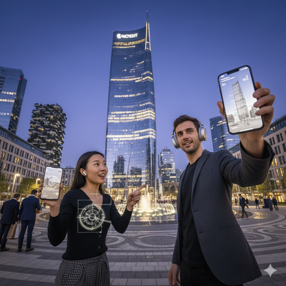Audio tour device for Milan's Piazzagaeaulenti, by Uvamai Niche Tourism, featuring a portable self-guided audio guide in the image.