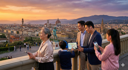 Self-guided audio tour device displaying Florence's Piazza Lemme Michelangelo, with branded Uvamai Niche Tourism logo.