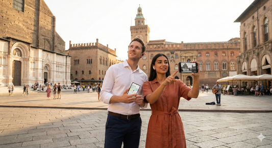 Self-guided audio tour image of Piazza Maggiore in Bologna, featuring historic architecture and vibrant city life.