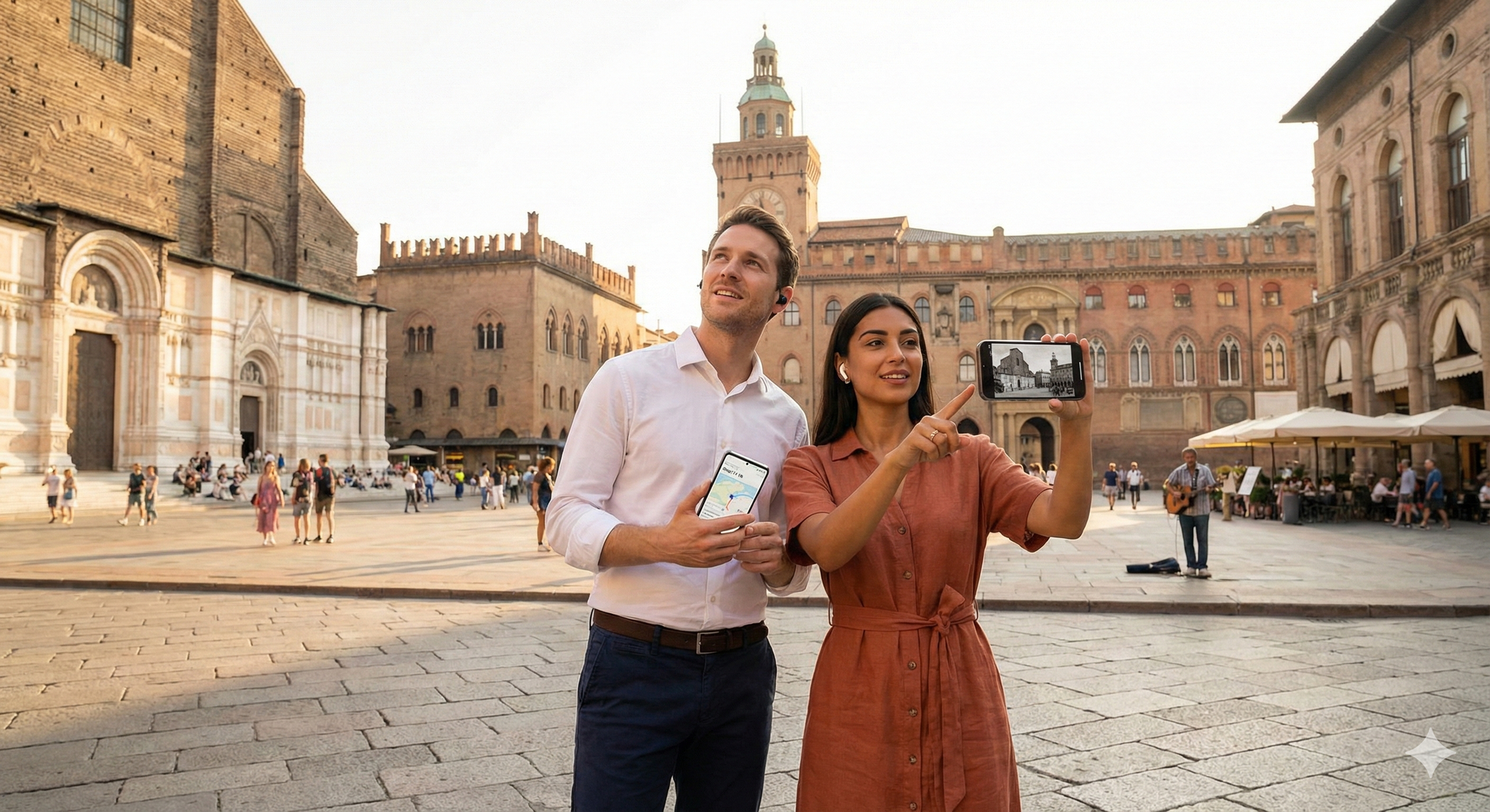 Self-guided audio tour image of Piazza Maggiore in Bologna, featuring historic architecture and vibrant city life.
