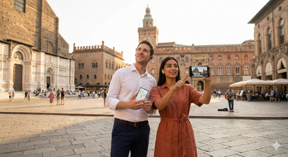 Self-guided audio tour image of Piazza Maggiore in Bologna, featuring historic architecture and vibrant city life.